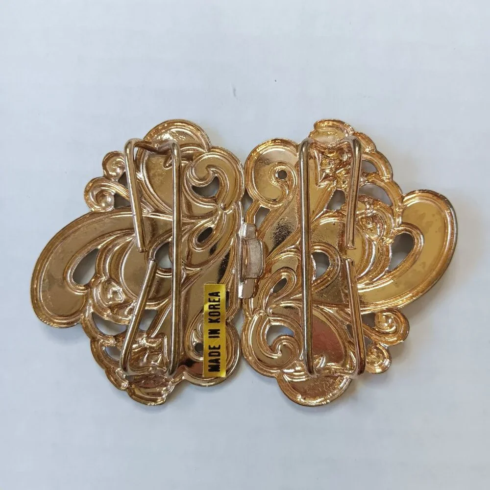 Lot of 2 Vintage 1980s Golden Metal Enamel Butterfly And Scroll Belt Buckles